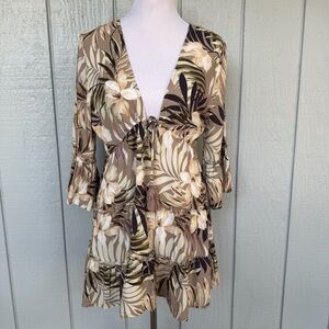 Blue Island plunge Floral beachy cruise ruffled Dress beige, cream & black M